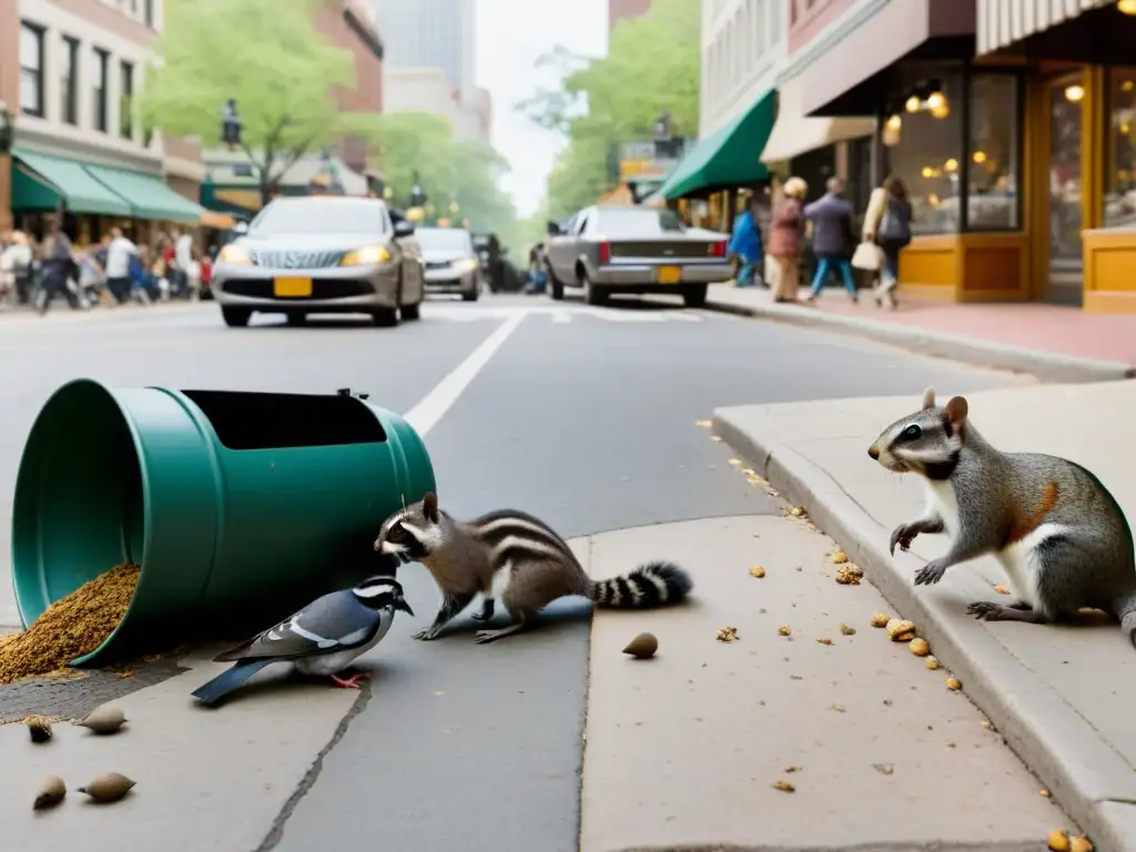 Convivencia armoniosa de animales urbanos y humanos en una bulliciosa calle de la ciudad