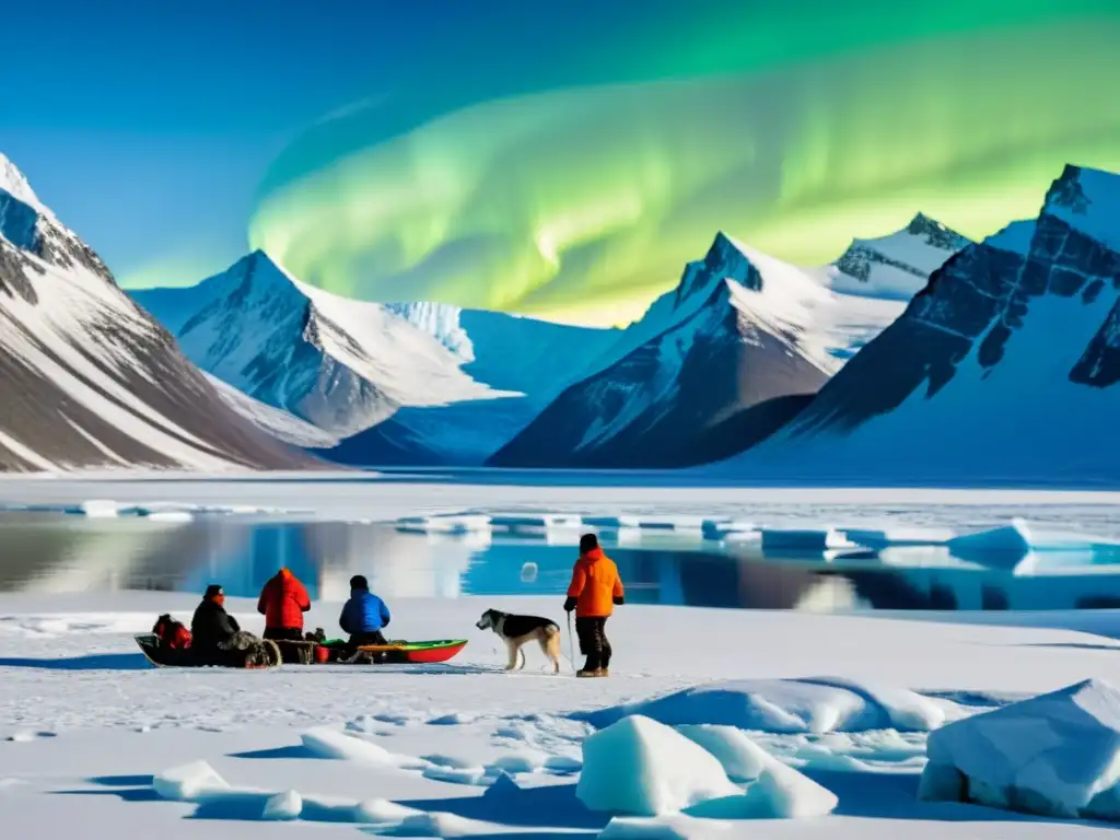 Convivencia de comunidades ecosistemas polares: Inuit en vestimenta tradicional practicando actividades en paisaje ártico con auroras boreales