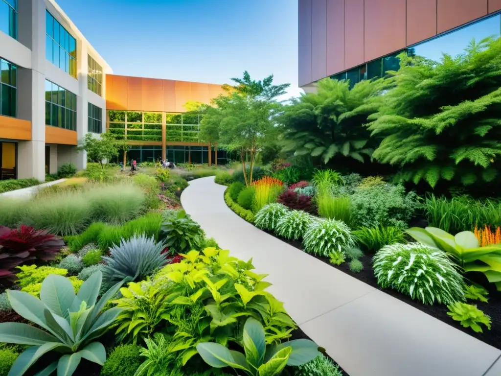 Biodiversidad corporativa en negocios: Empleados disfrutan de reuniones al aire libre en un jardín empresarial lleno de vida y color