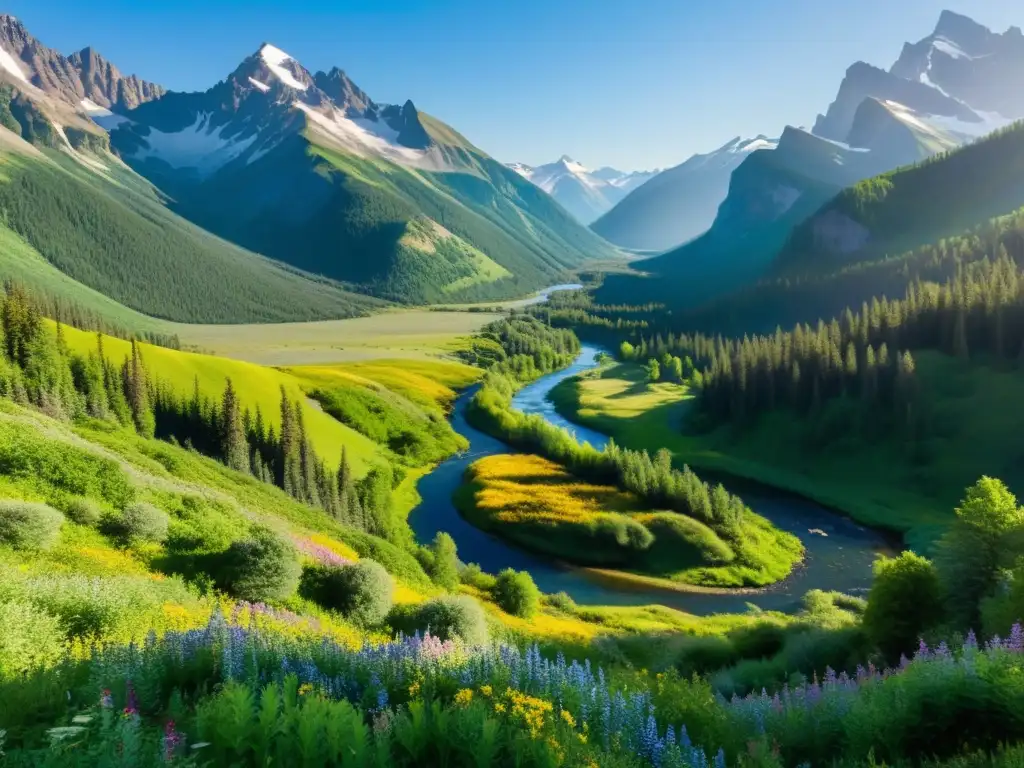 Corredores ecológicos entre montañas y valles: paisaje montañoso exuberante con río serpenteante, picos nevados y diversa vida silvestre