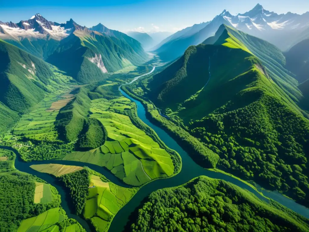 Corredores ecológicos entre montañas y valles: majestuoso valle verde entre picos nevados y río brillante