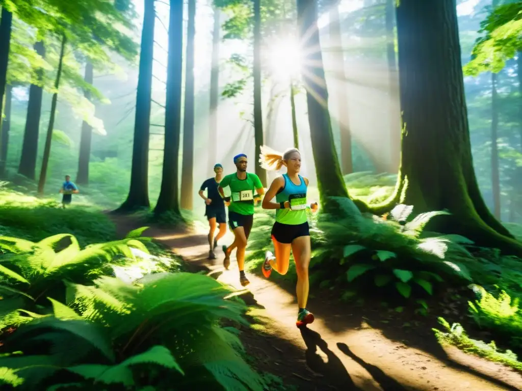 Corredores en evento de trail running en bosque, promoviendo conservación a través del deporte