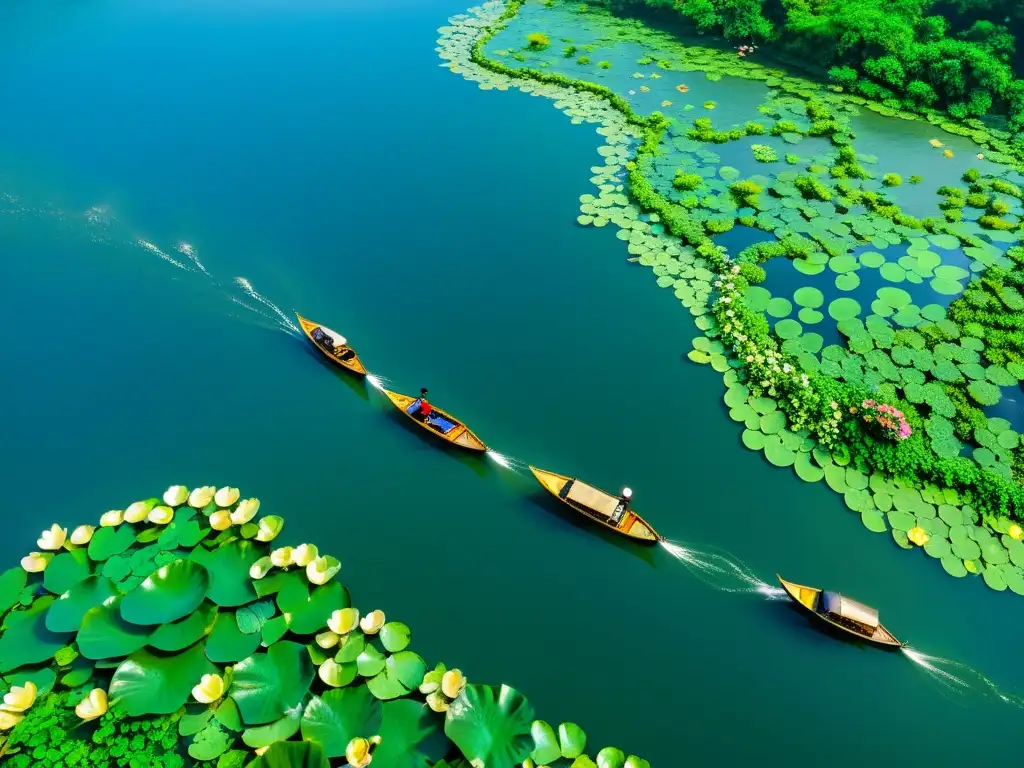 Biodiversidad en corrientes de ríos: El Yangtsé despliega su belleza natural con lirios, lotos y vida acuática en un ambiente etéreo y misterioso