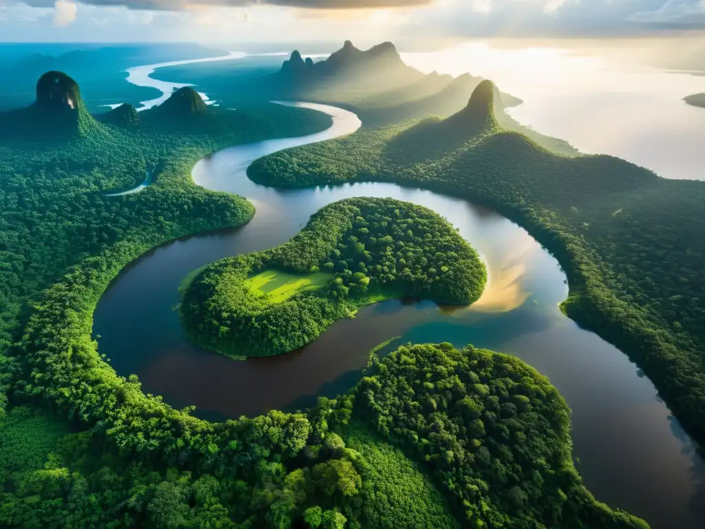 Biodiversidad en corrientes de ríos: el Amazonas serpentea entre exuberante vegetación, bañado en luz dorada