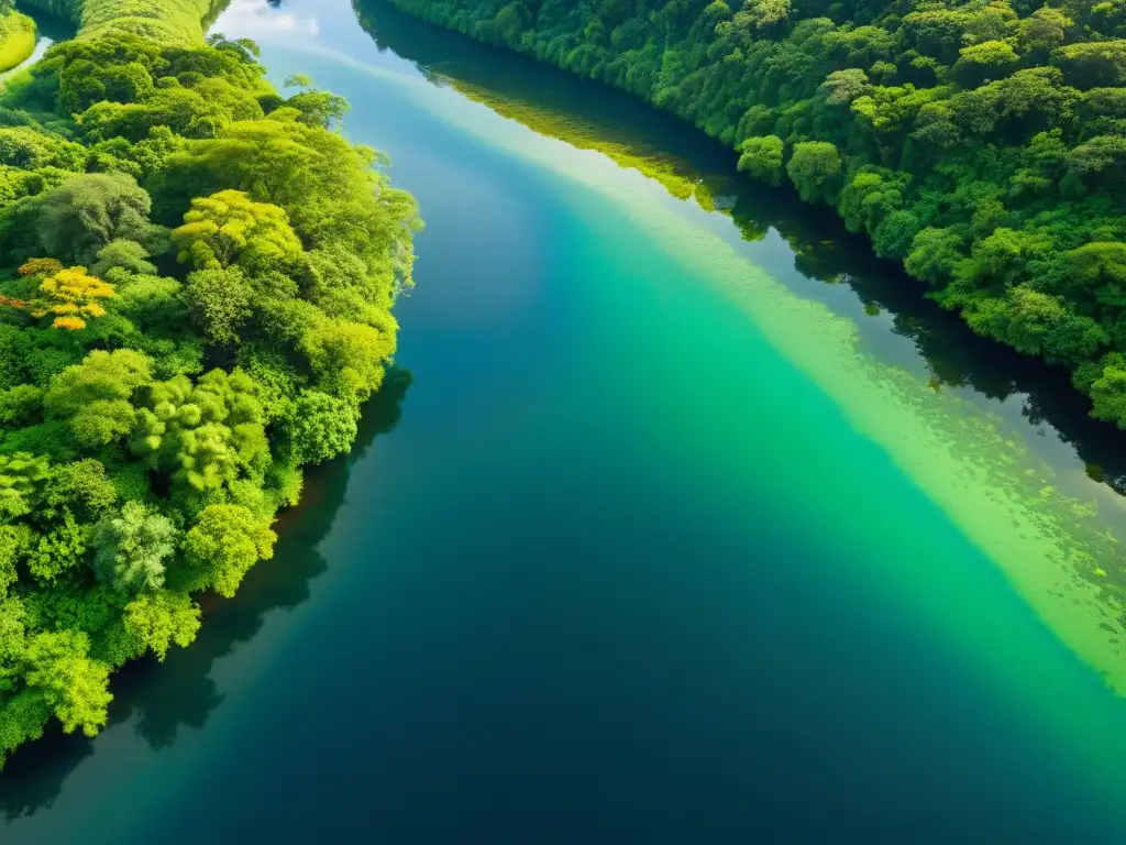 Biodiversidad en corrientes de ríos: Escena fascinante de un río serpenteante rodeado de exuberante vegetación y vida acuática colorida