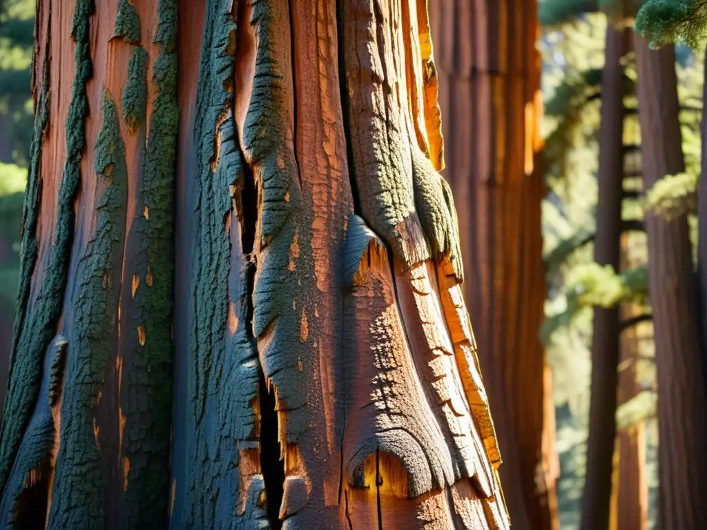 La corteza detallada de una secuoya gigante, bañada por la luz dorada del sol, revela la grandiosidad del ecosistema de las secuoyas gigantes