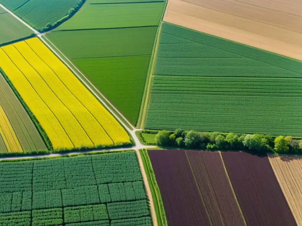 Cosechas resilientes ante el cambio climático: paisaje agrícola diverso y sostenible, con cultivos coloridos y prácticas ecológicas