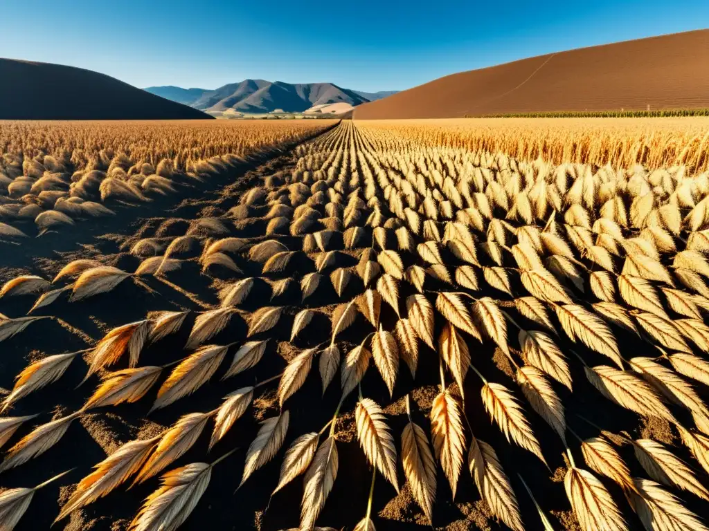 Cosechas resilientes al cambio climático: campo de maíz marchito bajo el sol abrasador, tierra agrietada y tallos de maíz marchitos