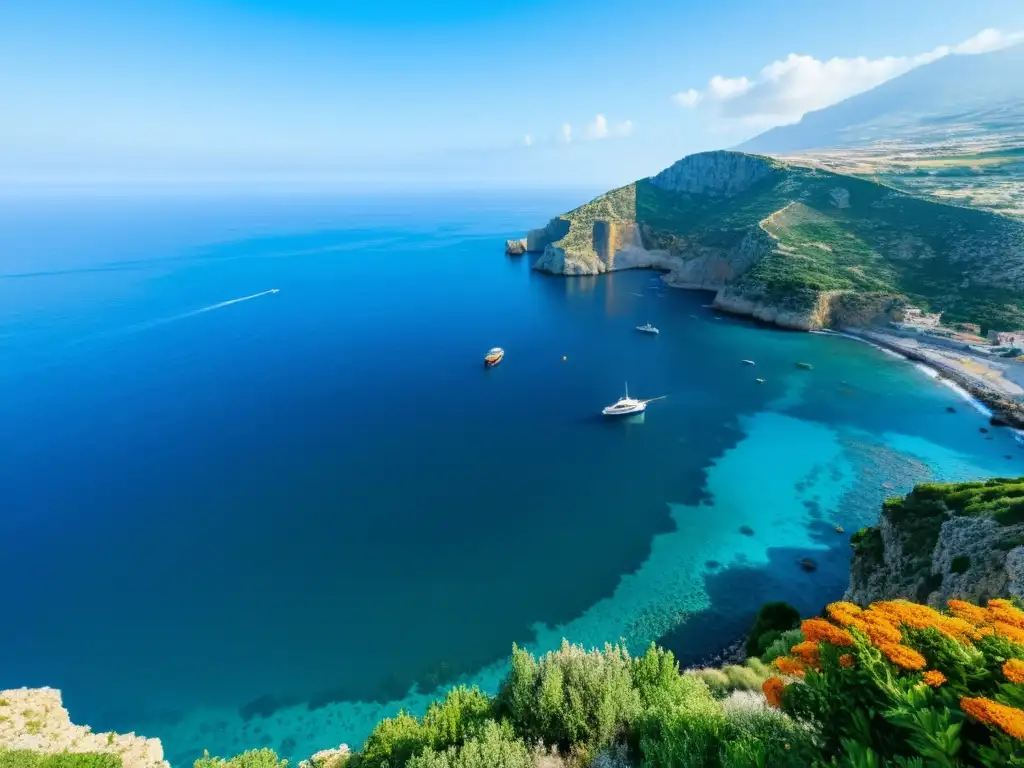 La costa escarpada de Sicilia en el Mediterráneo, con acantilados, flores silvestres y un pueblo pesquero