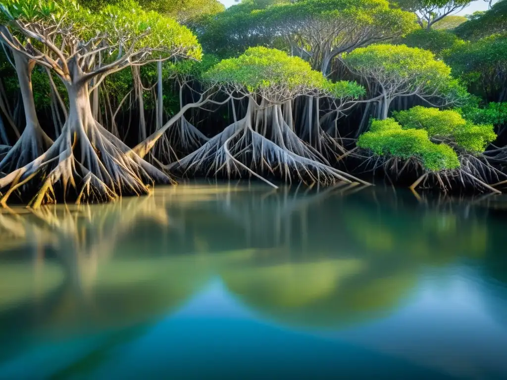 Exploración ecológica ecosistemas costeros: majestuoso manglar con raíces retorcidas, aves en vuelo y luz filtrándose entre el follaje