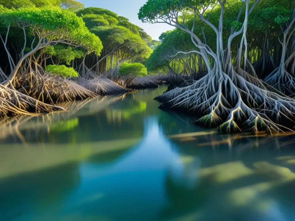 Exploración ecológica ecosistemas costeros: bosque de manglares prístino y sereno, con aves y biodiversidad enredados en raíces y ramas