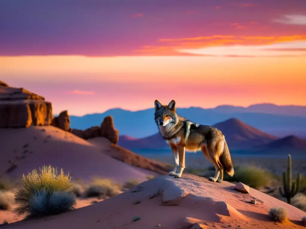 Un coyote solitario sobrevive en el desierto al atardecer, iluminado por la cálida luz del sol