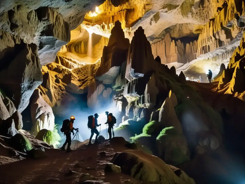 Exploración subterránea: spelunkers en cueva llena de estalactitas y estalagmitas, creando un espectáculo natural impresionante