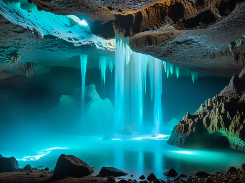 Una cueva subterránea oscura con bioluminiscencia en el subsuelo, creando un escenario cautivador y misterioso