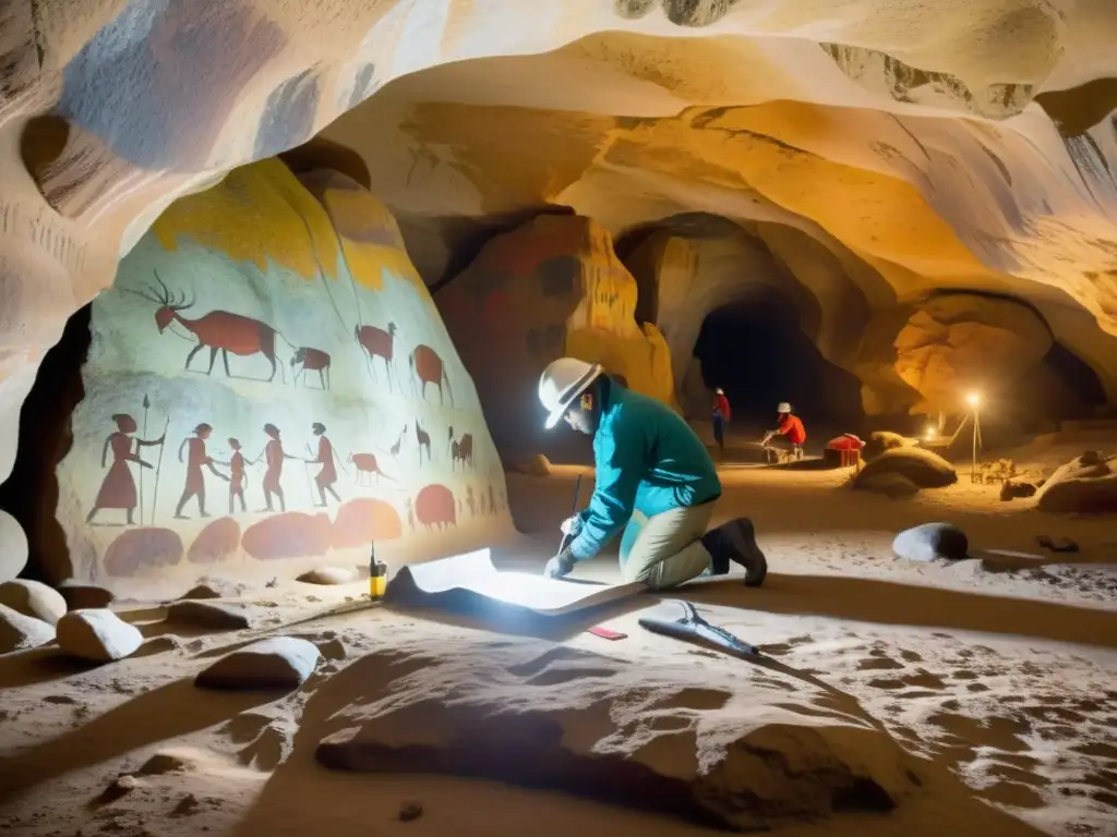 Conservación de cuevas emblemáticas: Equipo de conservacionistas protegiendo pinturas rupestres, con dedicación y respeto