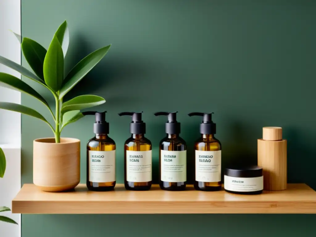 Cuidado personal masculino con conciencia verde: Estante de baño minimalista con productos ecológicos resaltados por luz natural y una planta