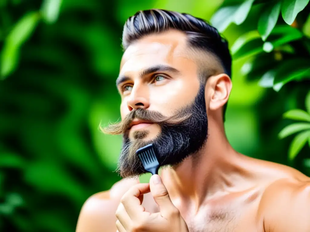 Cuidado personal masculino con conciencia verde: Hombre aplicando productos ecológicos en su barba y cabello, rodeado de exuberante vegetación