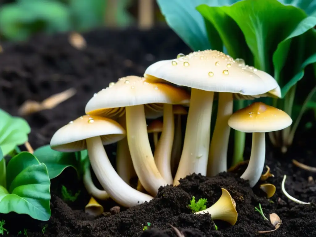 Cultivo de setas en el jardín: hongos dorados emergen de la tierra, reflejando la luz del sol entre el follaje