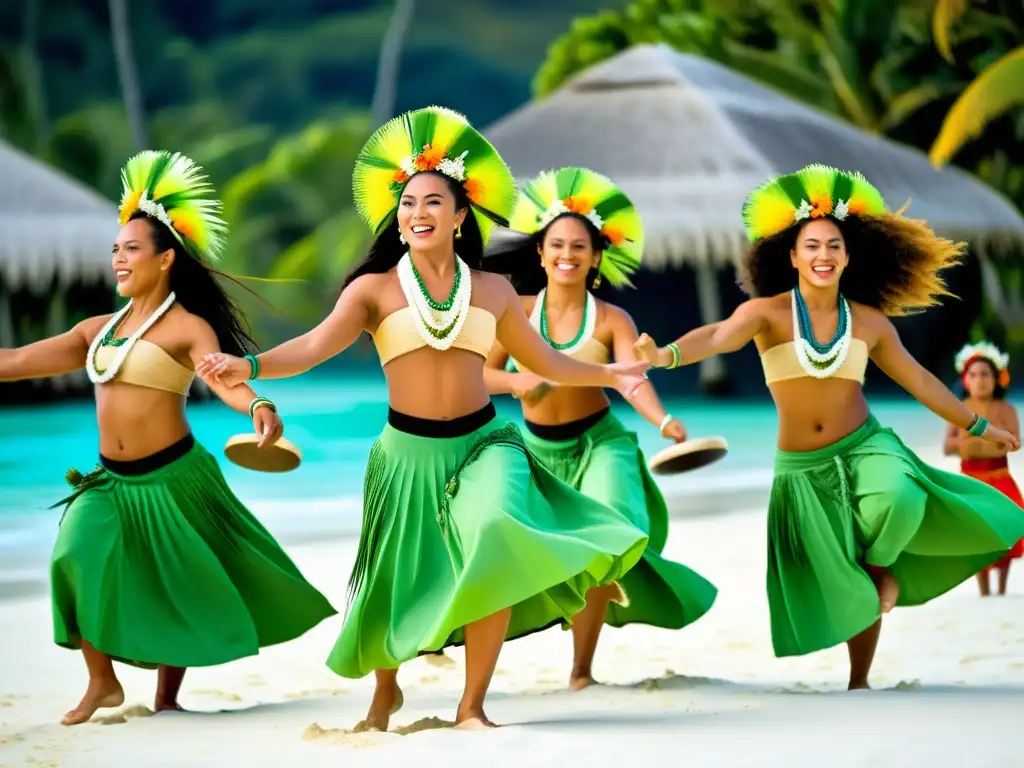 Una danza tradicional de las Islas Cook en una playa de arena blanca, rodeada de naturaleza exuberante y aguas turquesa