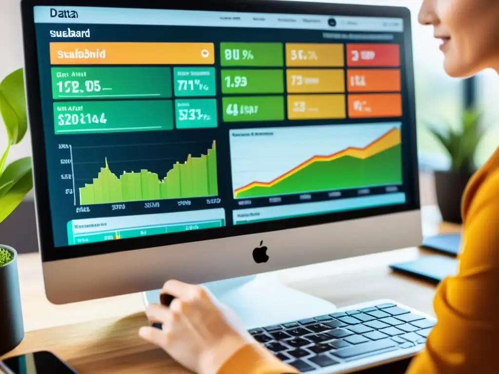 Un dashboard de datos de inversiones sostenibles con gráficos y colores vibrantes, reflejando la importancia de reportes en inversiones sostenibles