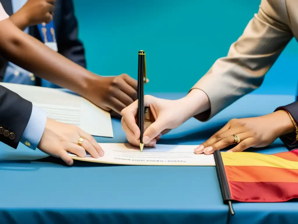 Delegados internacionales firmando iniciativas legales para biodiversidad mundial en la ONU, mostrando determinación y unidad