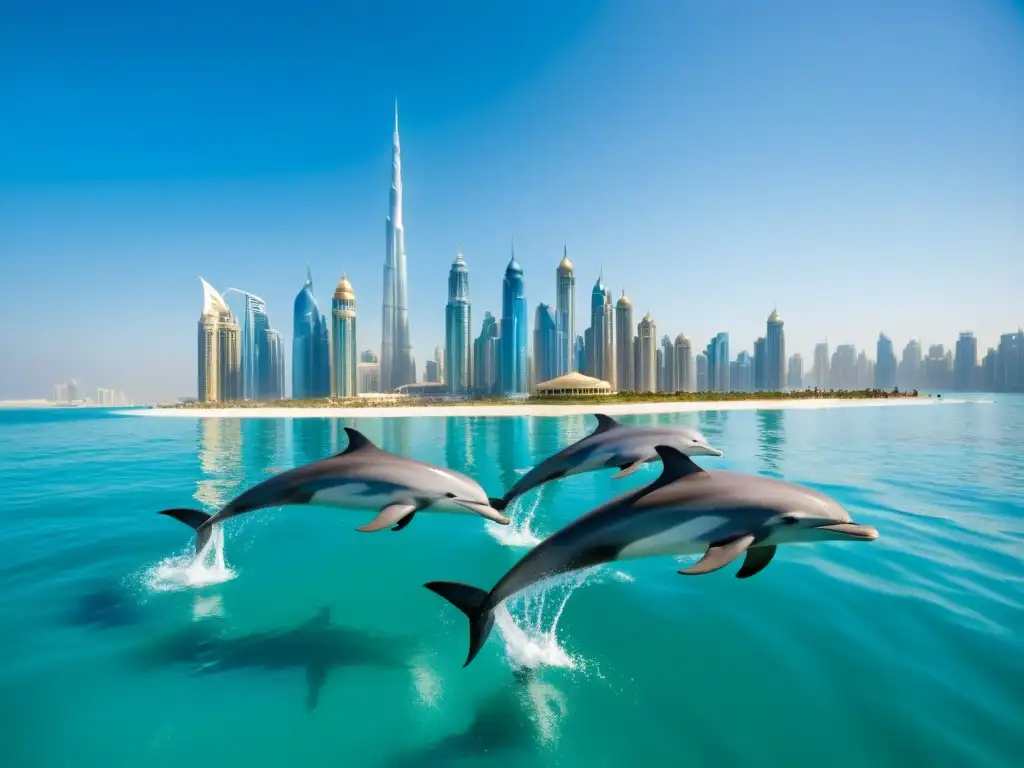 Pod de delfines juguetones en aguas cristalinas de los Emiratos Árabes