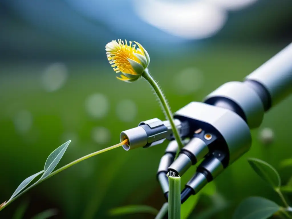 Una delicada flor envuelta suavemente por un brazo robótico blando en su hábitat natural, fusionando tecnología y naturaleza