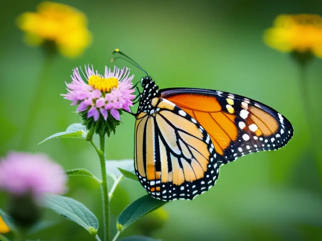 Una delicada mariposa monarca reposa sobre una vibrante flor silvestre en un prado verde exuberante