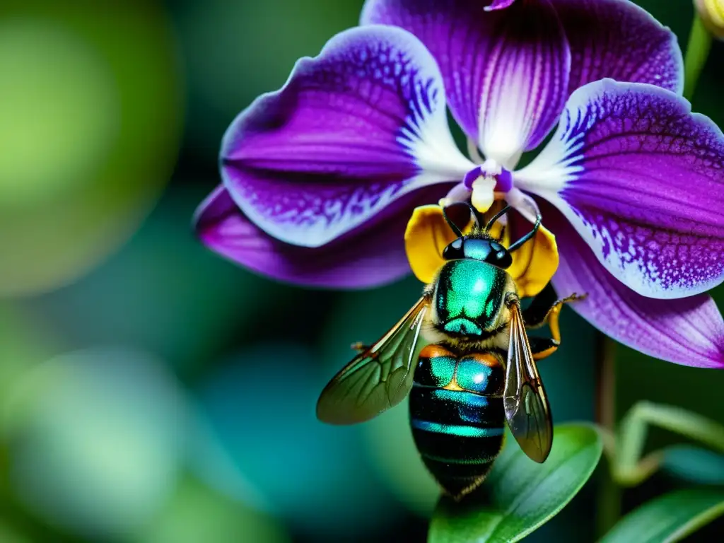 Un delicado polinizador, la abeja orquídea, y una exótica flor se entrelazan en la selva tropical, mostrando su esencial relación