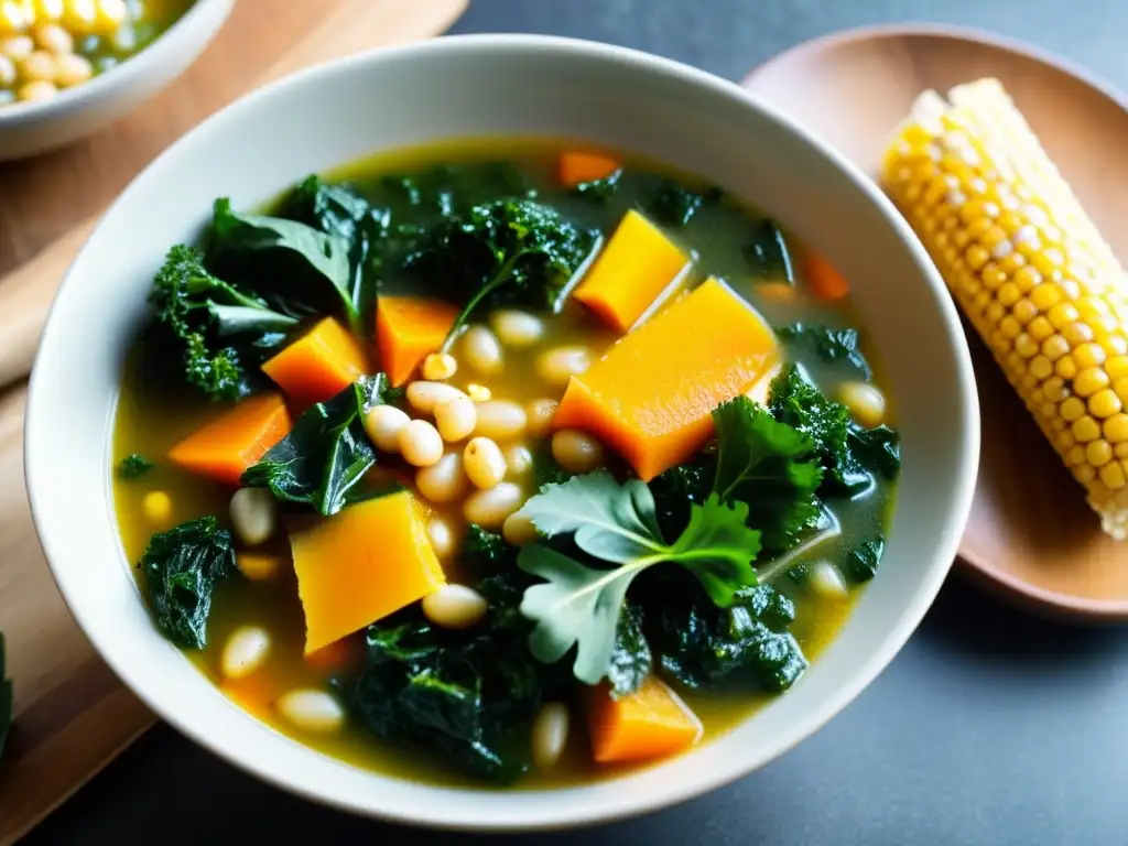 Una deliciosa sopa de verduras orgánicas con zanahorias, kale y maíz en un tazón humeante