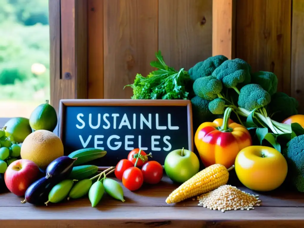 Deliciosa promoción de la alimentación sostenible con coloridos alimentos frescos en una mesa rústica, bañados por luz solar