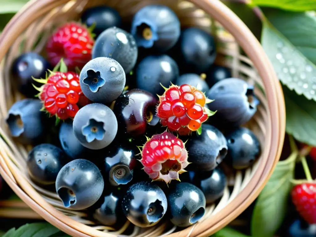 Deliciosas bayas orgánicas con antioxidantes, resplandeciendo en la cesta tejida