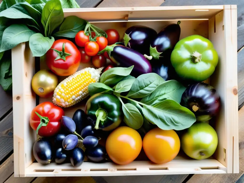 Un delicioso y colorido surtido de frutas y verduras orgánicas en una caja de madera rústica