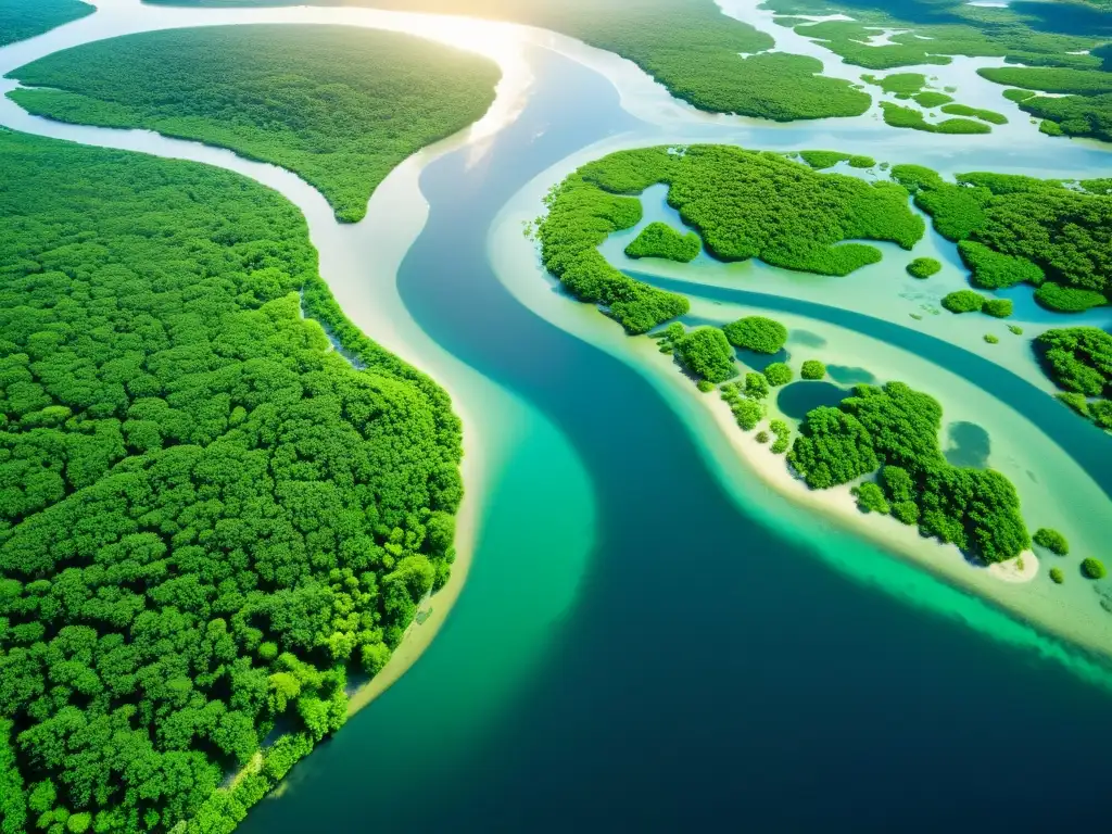 Un delta fluvial impresionante, con vida en los deltas fluviales, aguas relucientes y exuberante vegetación