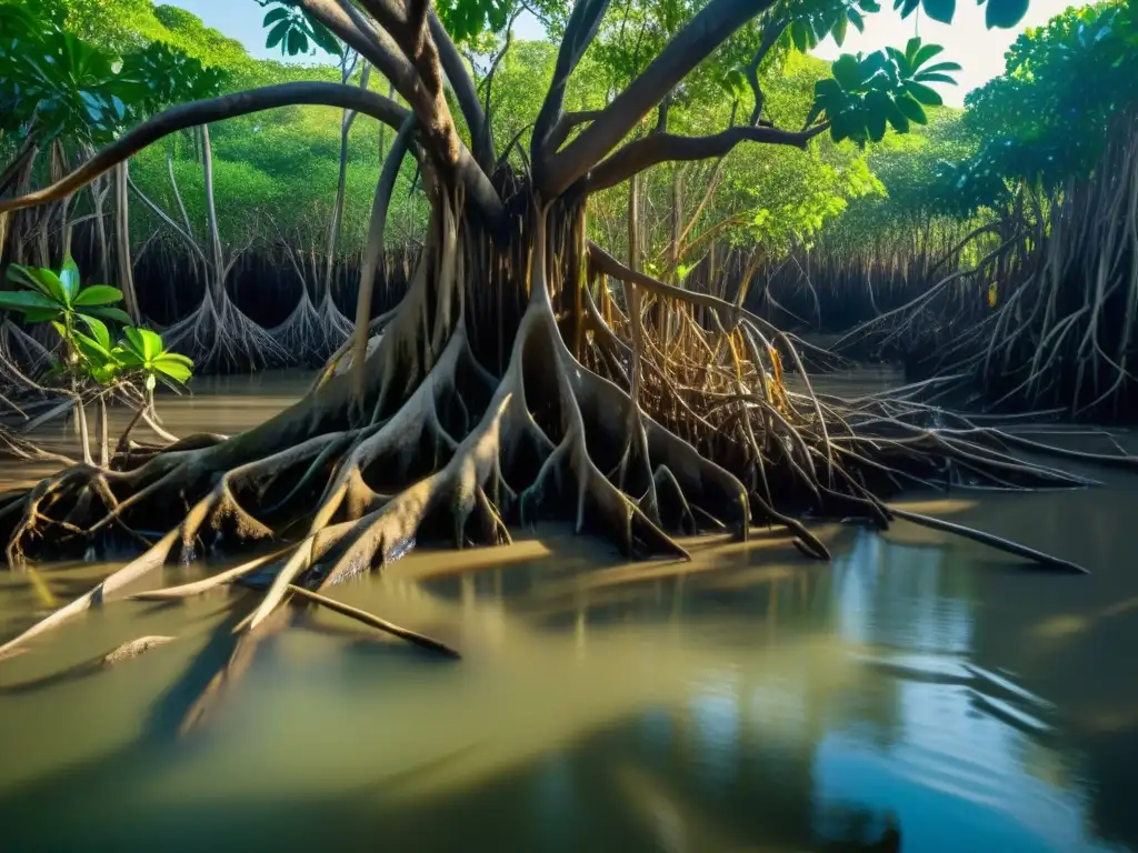 Un denso bosque de manglares con raíces entrelazadas creando una red natural