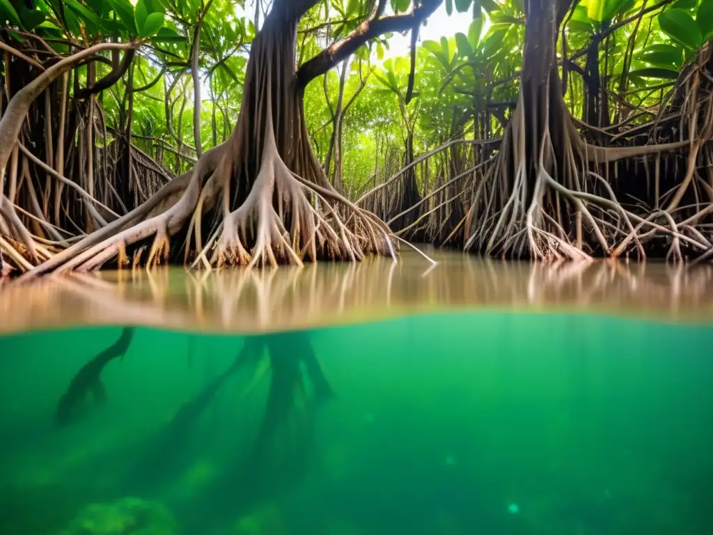 Un denso bosque de manglares con raíces entrelazadas y follaje verde, sumergido en agua salobre