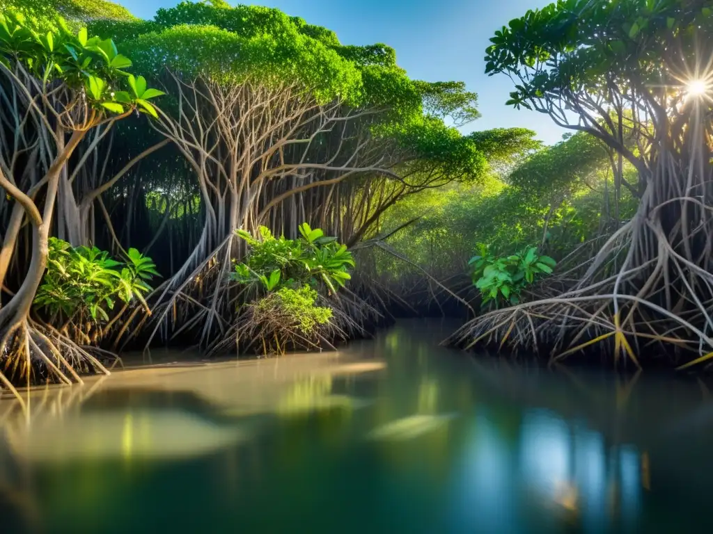 Un denso bosque de manglares con redes tróficas en manglares, reflejando la complejidad del ecosistema costero