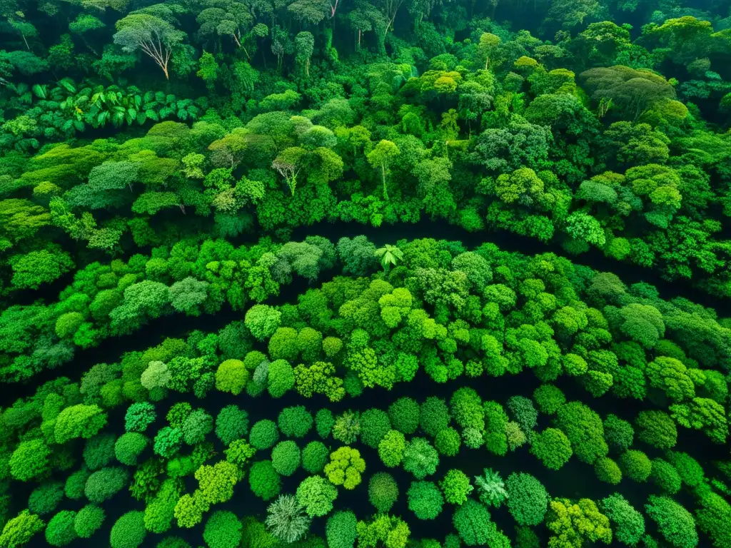 Un denso dosel de selva tropical, teñido de verde vibrante, revela la rica biodiversidad del ecosistema