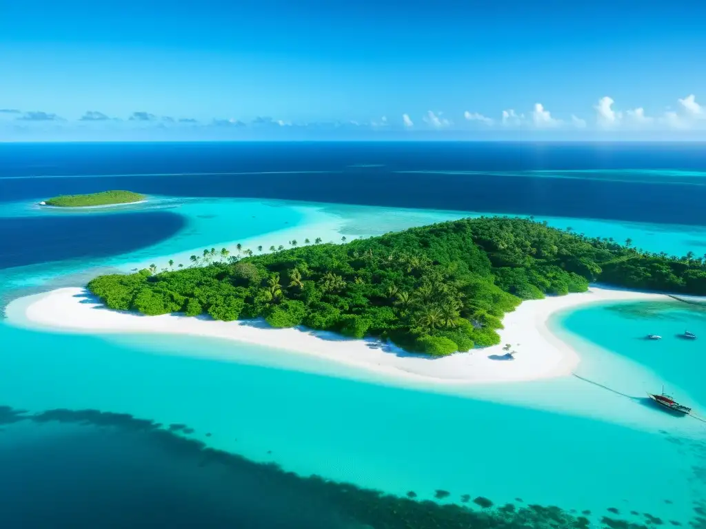 Desafío sostenibilidad Islas Barlovento Sotavento: Aguas turquesas, playas blancas, palmeras y barcos pesqueros en paraíso tropical