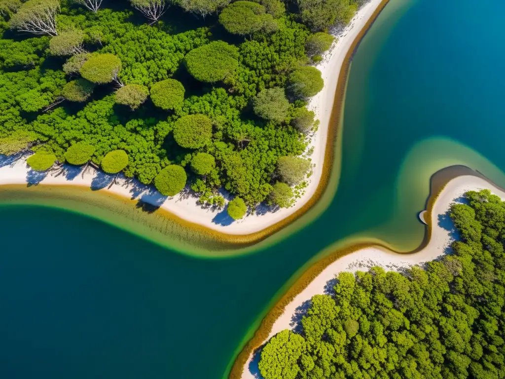 Desarrollo costero en manglares: Ecosistema de manglares con redes de raíces y agua, bosque biodiverso, aves y vida marina en detalle