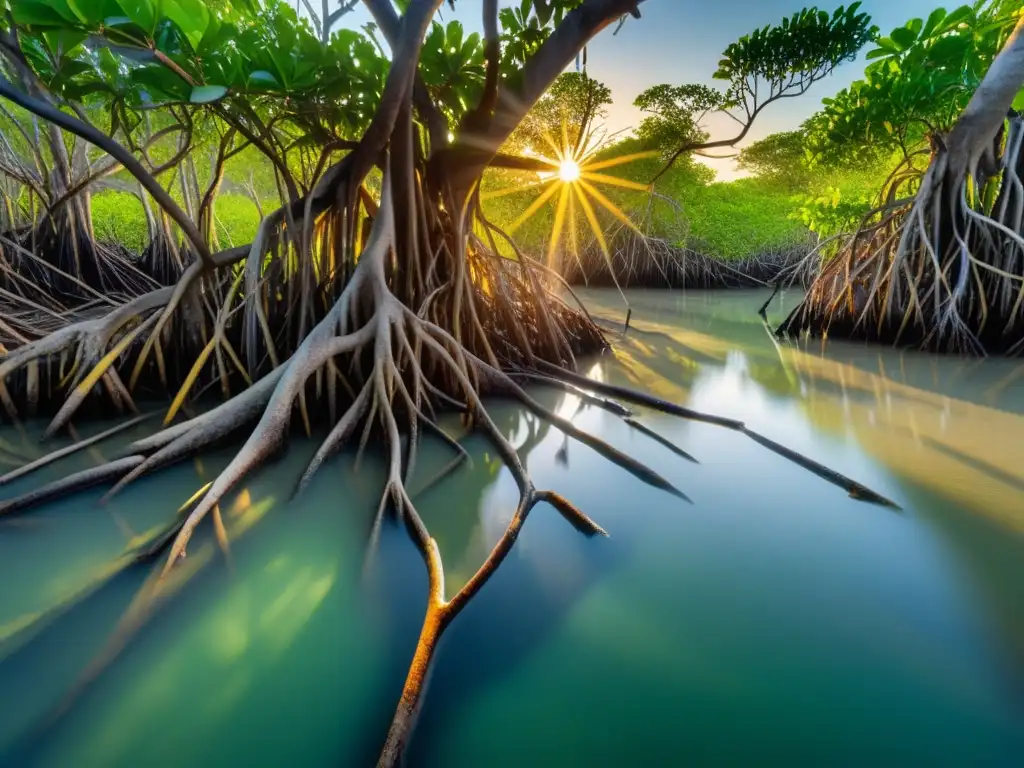Desarrollo costero en manglares: impresionante fotografía detallada de un bosque de mangles al amanecer, con vida y belleza únicas