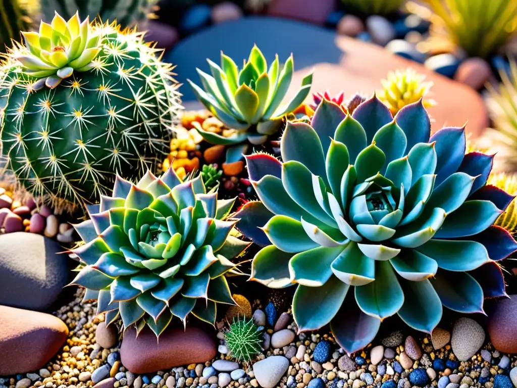 Jardín desértico con suculentas y cactus, consejos xerojardinería bajo consumo agua