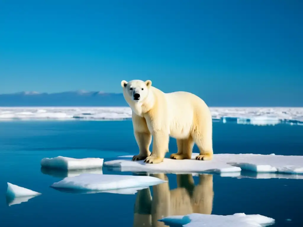 Deshielo Ártico: majestuoso oso polar sobre hielo derretido, reflejando la urgencia del cambio climático en las rutas migratorias de la fauna