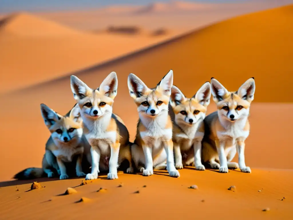 Fennec foxes saltando y explorando el desierto del Sahara, ejemplificando la adaptación de la fauna al entorno árido