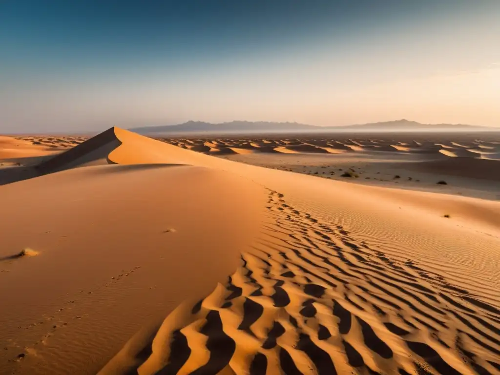 Desierto árido y agrietado, con vegetación marchita y dunas imponentes