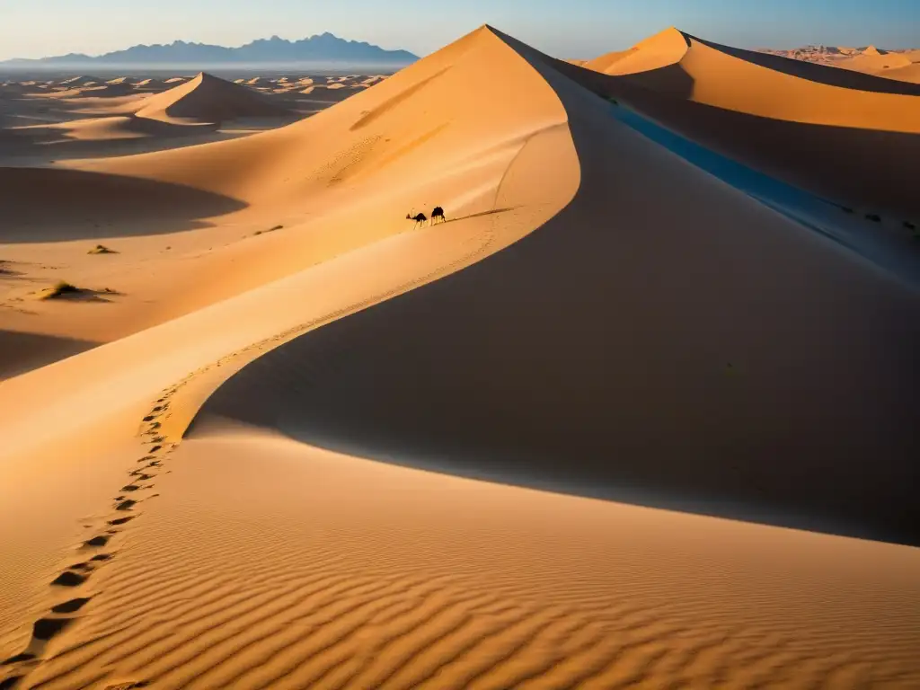 Un desierto árido extenso con dunas doradas y un sol abrasador