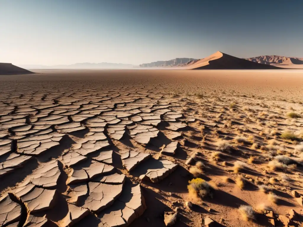 Desierto árido con vegetación marchita, personas luchando por sobrevivir