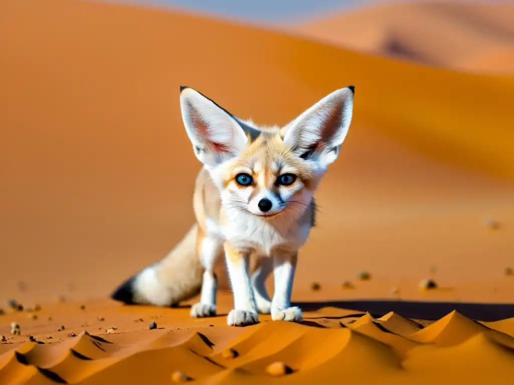 Un fennec fox en el desierto del Sahara, adaptación fauna desierto Sahara, con ojos ámbar fijos en el horizonte, pelo dorado y orejas grandes