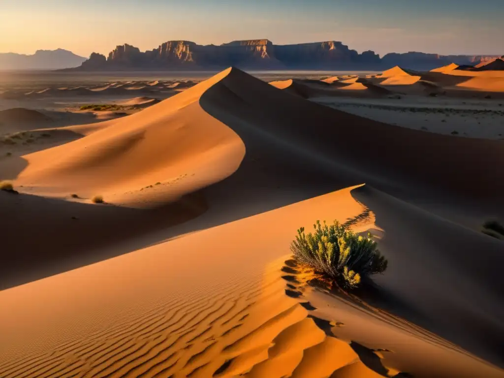 Desierto dorado al atardecer, destacando la resistencia de una planta en un paisaje árido