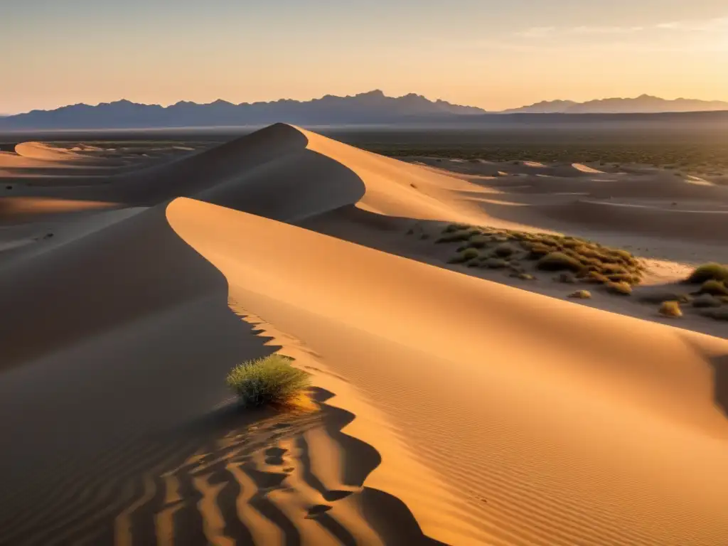 Desierto con dunas doradas al atardecer, planta solitaria y conservacionistas protegiendo el ecosistema